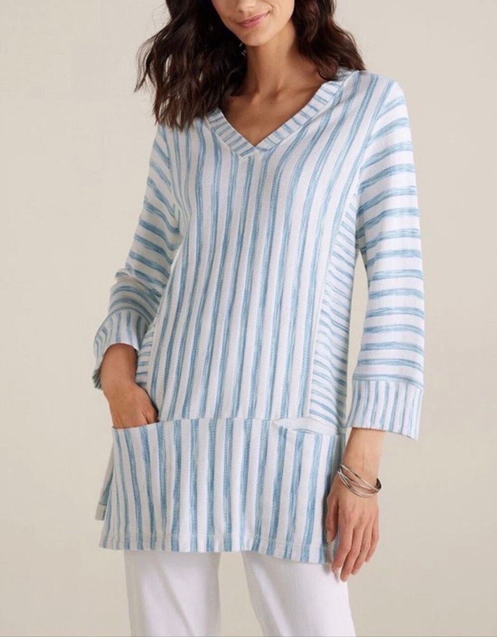 Soft Surroundings Women's Briza Stripe Tunic Knit Top Blue White Medium NWT
